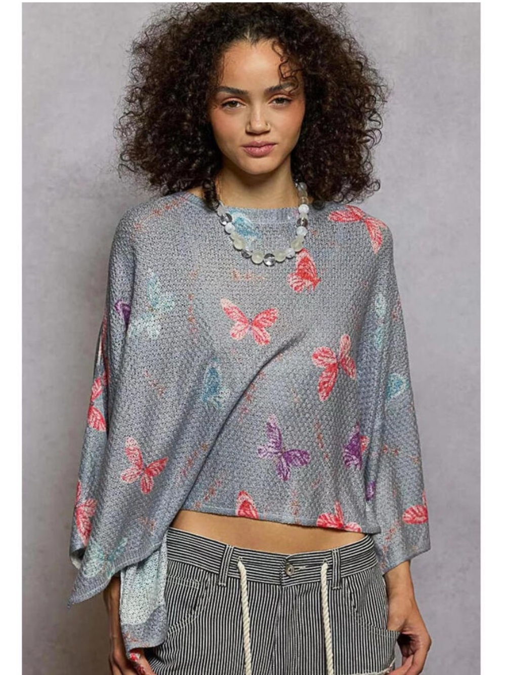 POL Gray Knit Top with Pink & Aqua Butterfly Print - Picture 2 of 5
